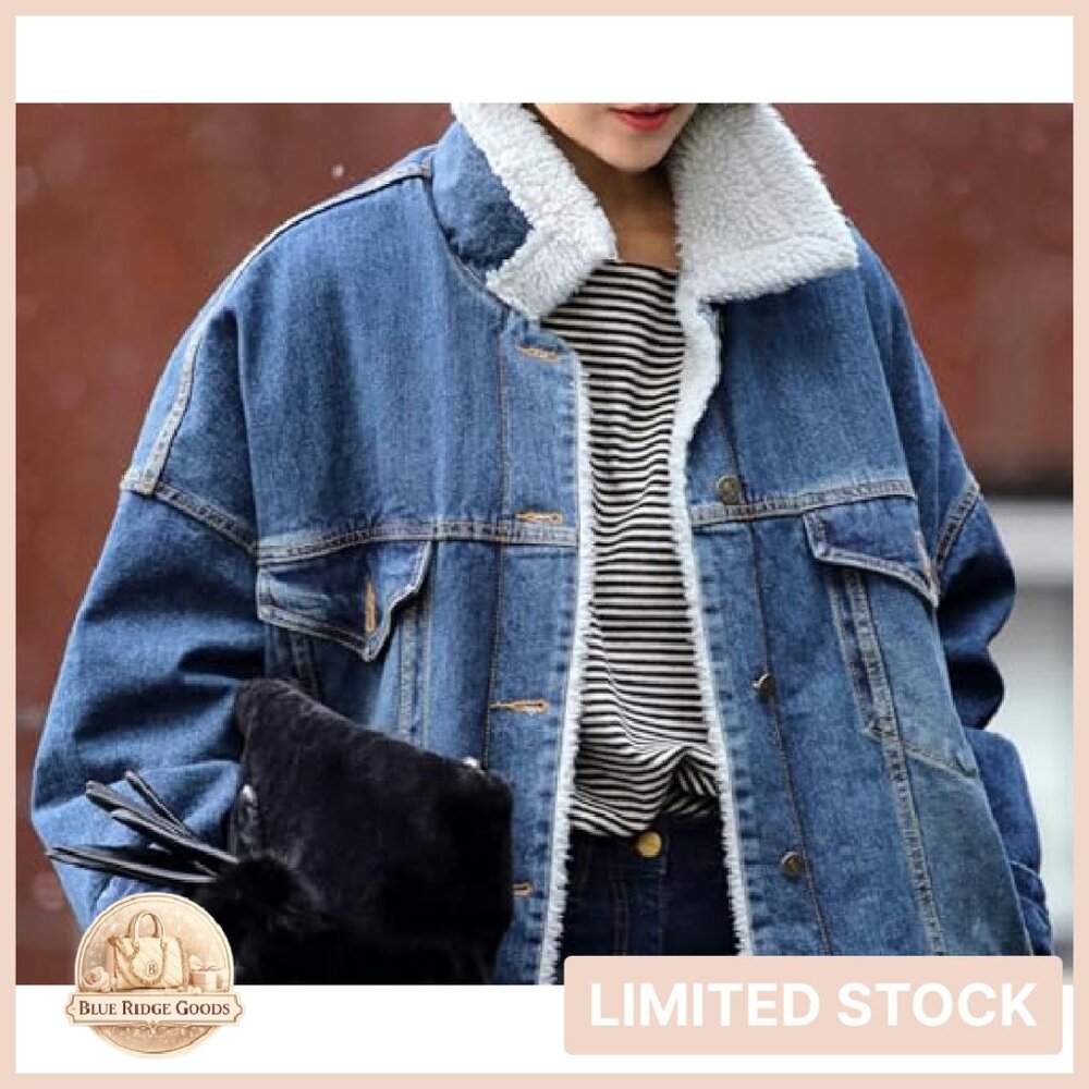 Long Sherpa Fleece Lined Denim Jacket Oversized Trucker Coat Vintage Style - Picture 6 of 7
